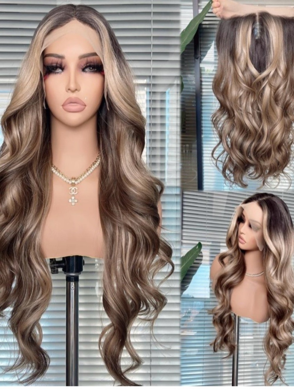 Hand-Tied Lace Front Wig Brown with Blonde Highlights Futura Synthetic 13x4